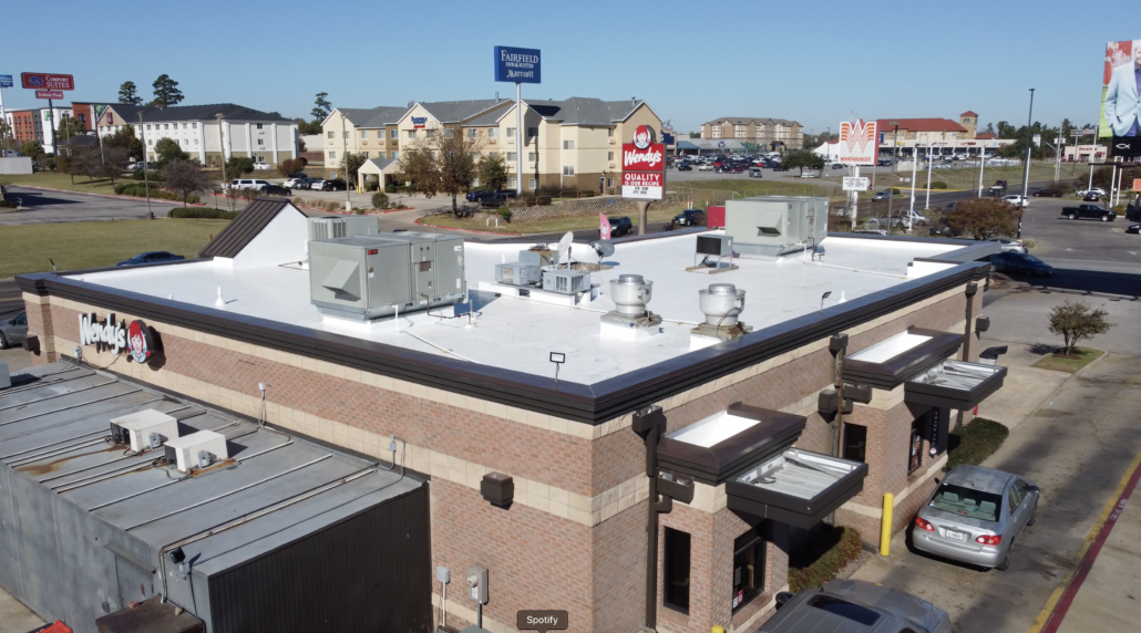The commercial roof of a Wendy’s restaurant located in the Longview, Texas area