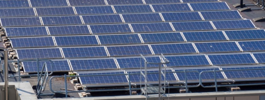 Commercial building with solar panels installed.